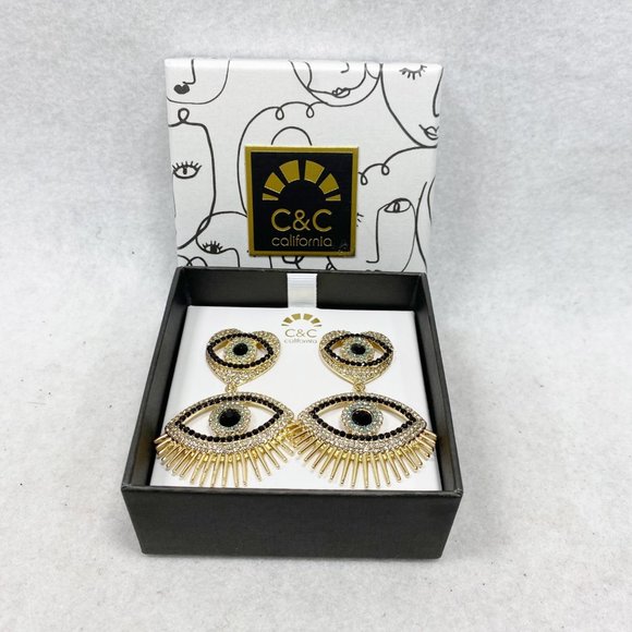 C&C california Gold Rhinestone Heart Eye Earrings NWT - Picture 7 of 7
